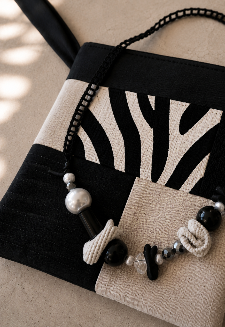 Σετ Statement Κολιέ & Χειροποίητο Τσαντάκι Zebra Patchwork| Kallαίσθησις