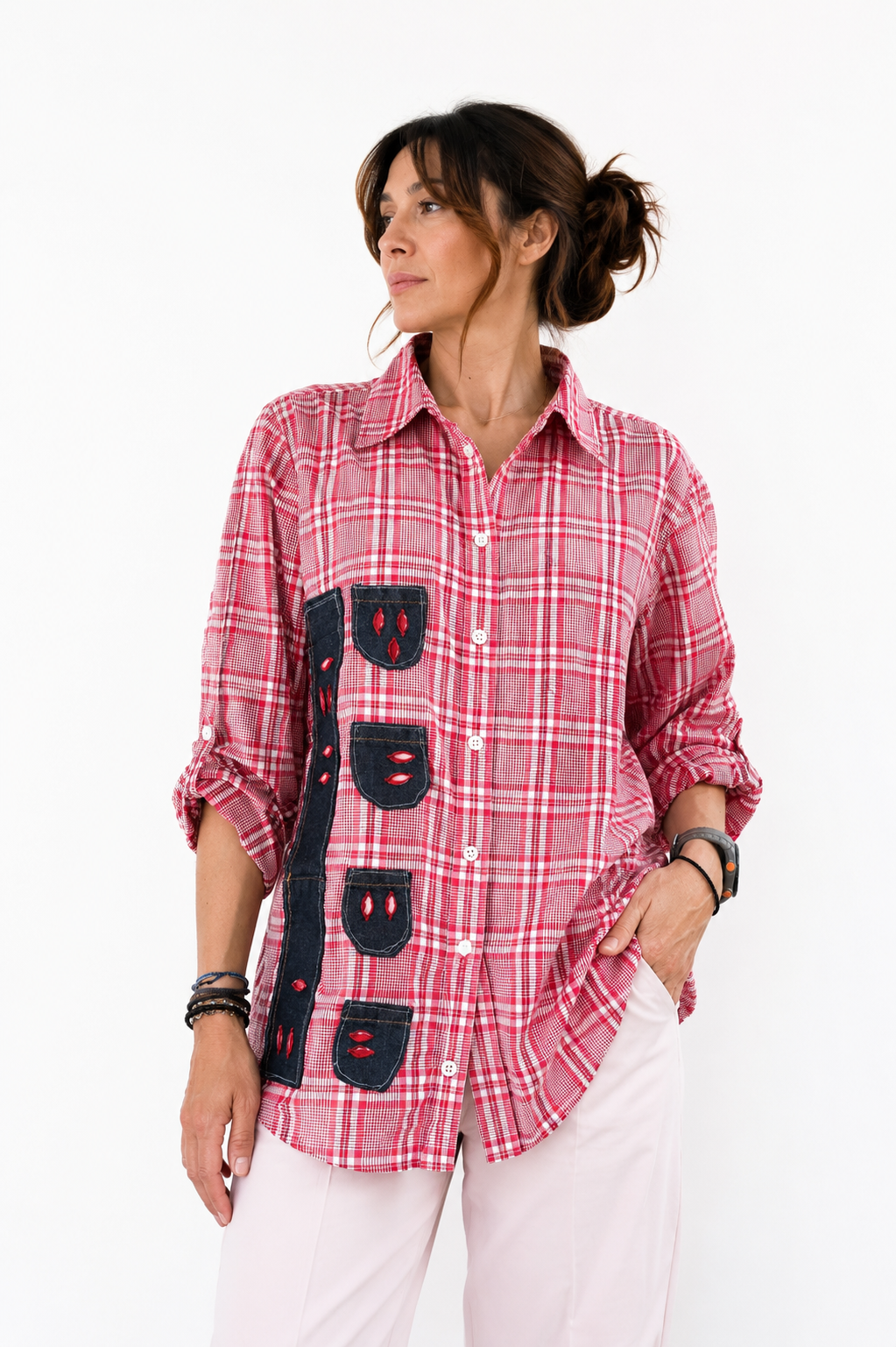 Καρό πουκάμισο με denim patchwork λεπτομέρειες | kallαίσθησις