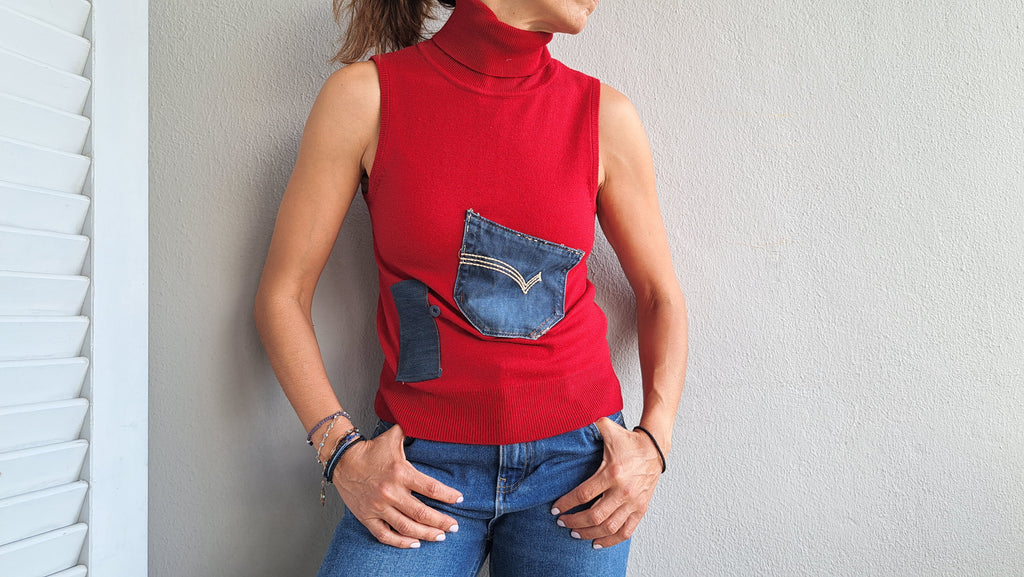 Κόκκινο αμάνικο ζιβάγκο με denim λεπτομέρειες | kallαίσθησις