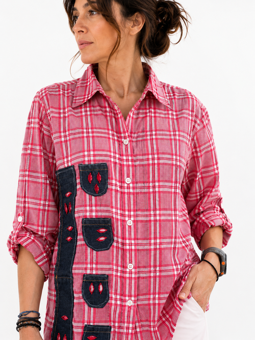 Καρό πουκάμισο με denim patchwork λεπτομέρειες | kallαίσθησις