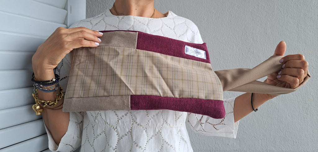 Τσαντάκι χειρός σε μπεζ και μπορντό patchwork | kallαίσθησις