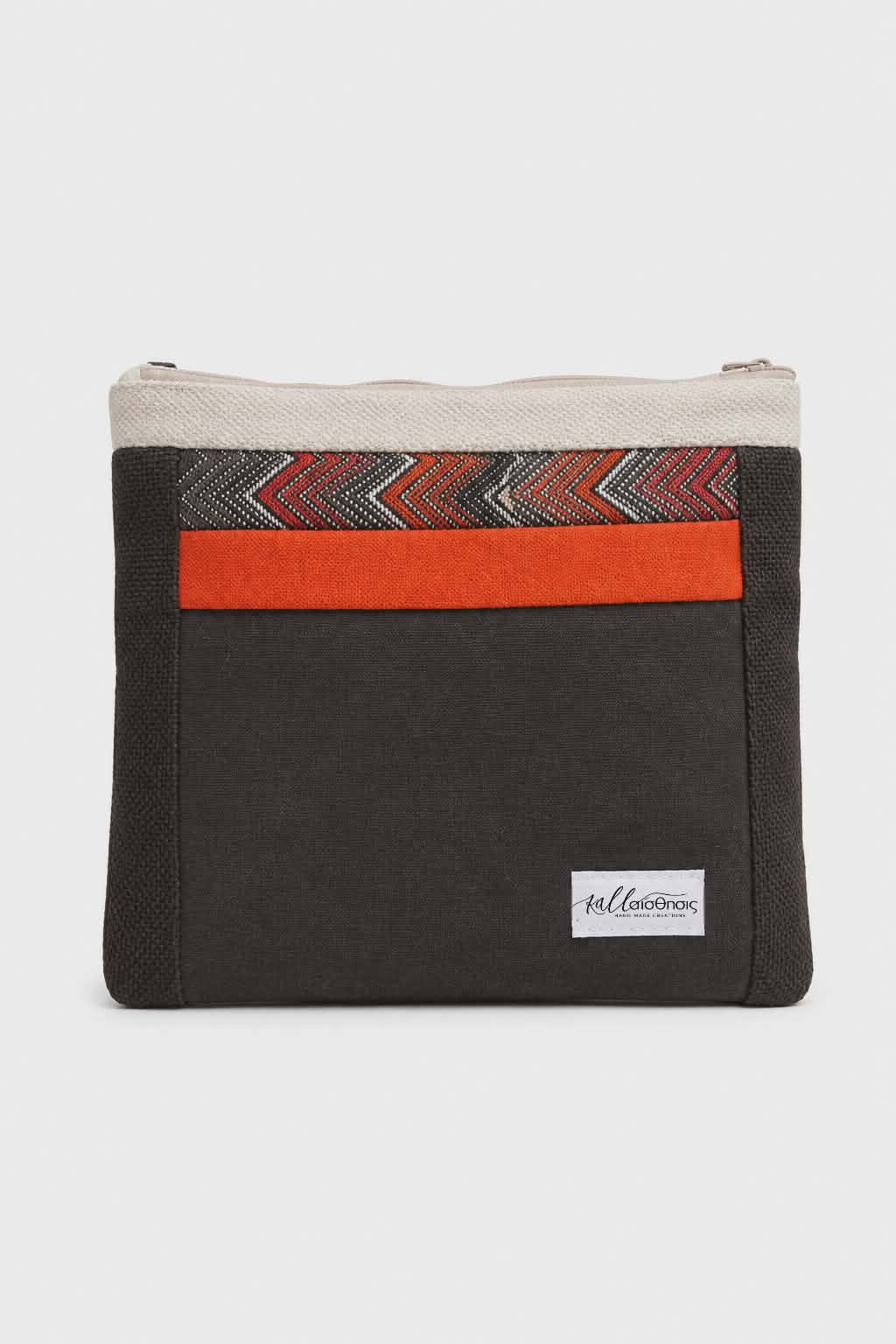 Χειροποίητη Υφασμάτινη Clutch Τσάντα με Καφέ & Πορτοκαλί Λεπτομέρειες | Kallαισθησις