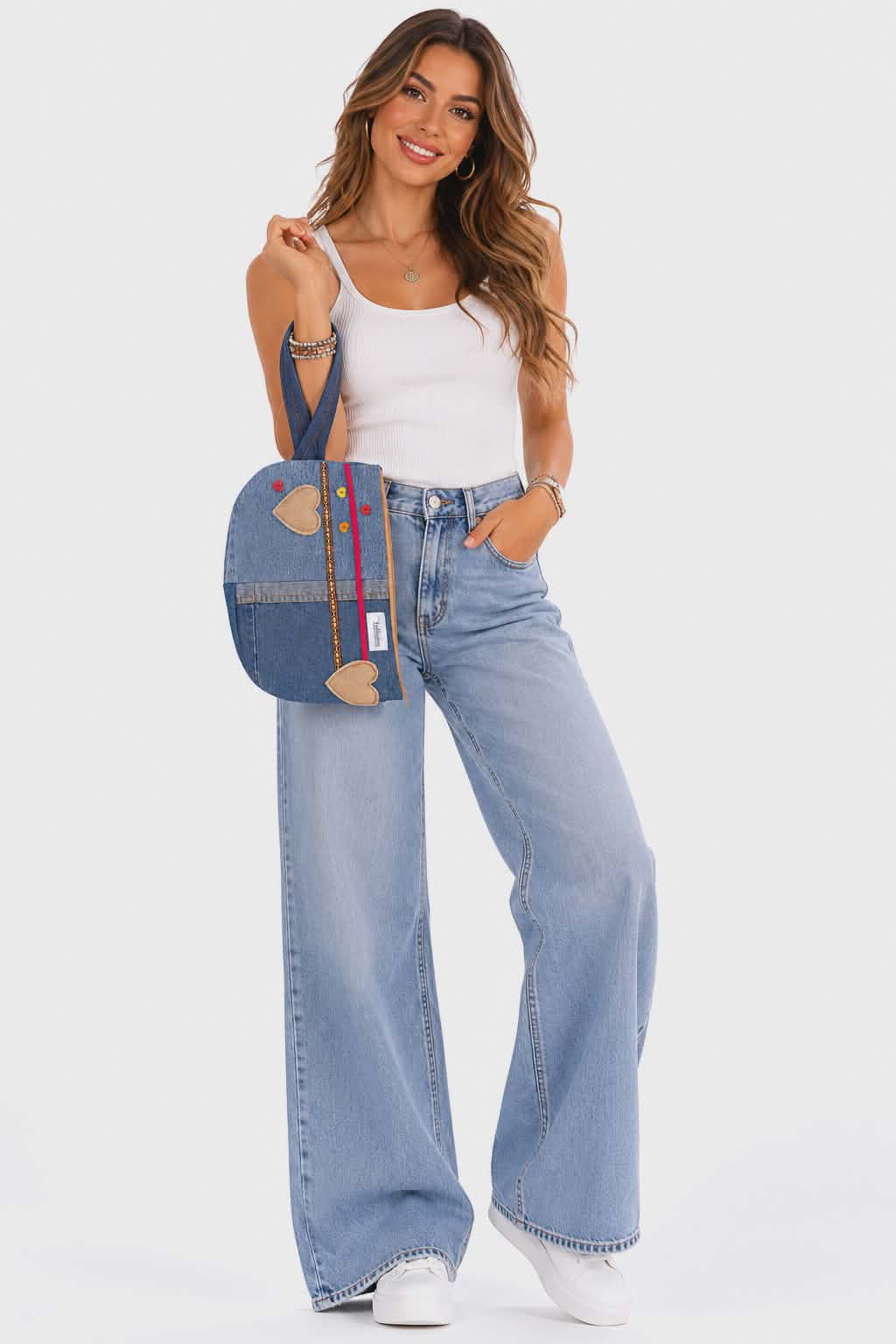 Τσάντα-φάκελος Τζιν Patchwork με Καρδιές & Boho Λεπτομέρειες | Kallαίσθησις
