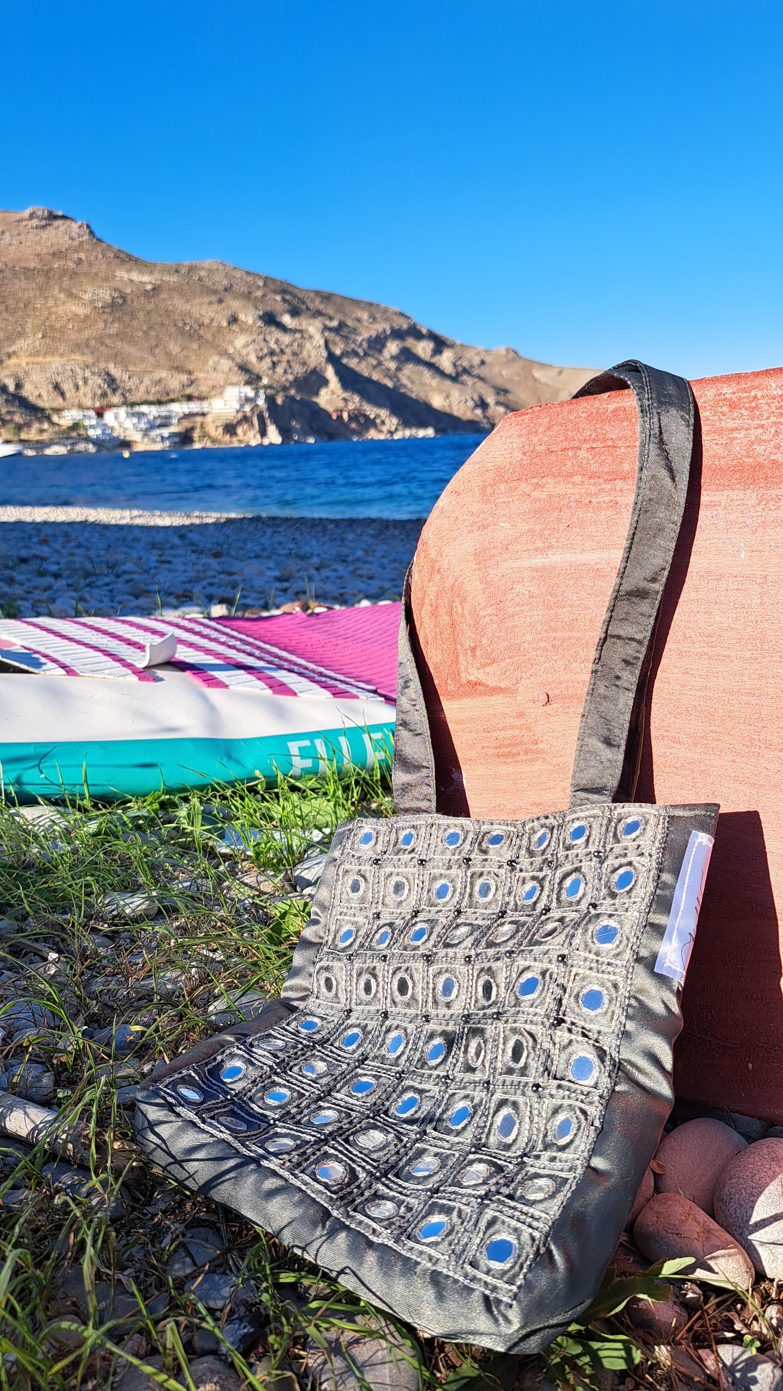 Mini Tote Boho με Γυαλιστερές Λεπτομέρειες – Μπλε/Γκρι | Kallαίσθησις