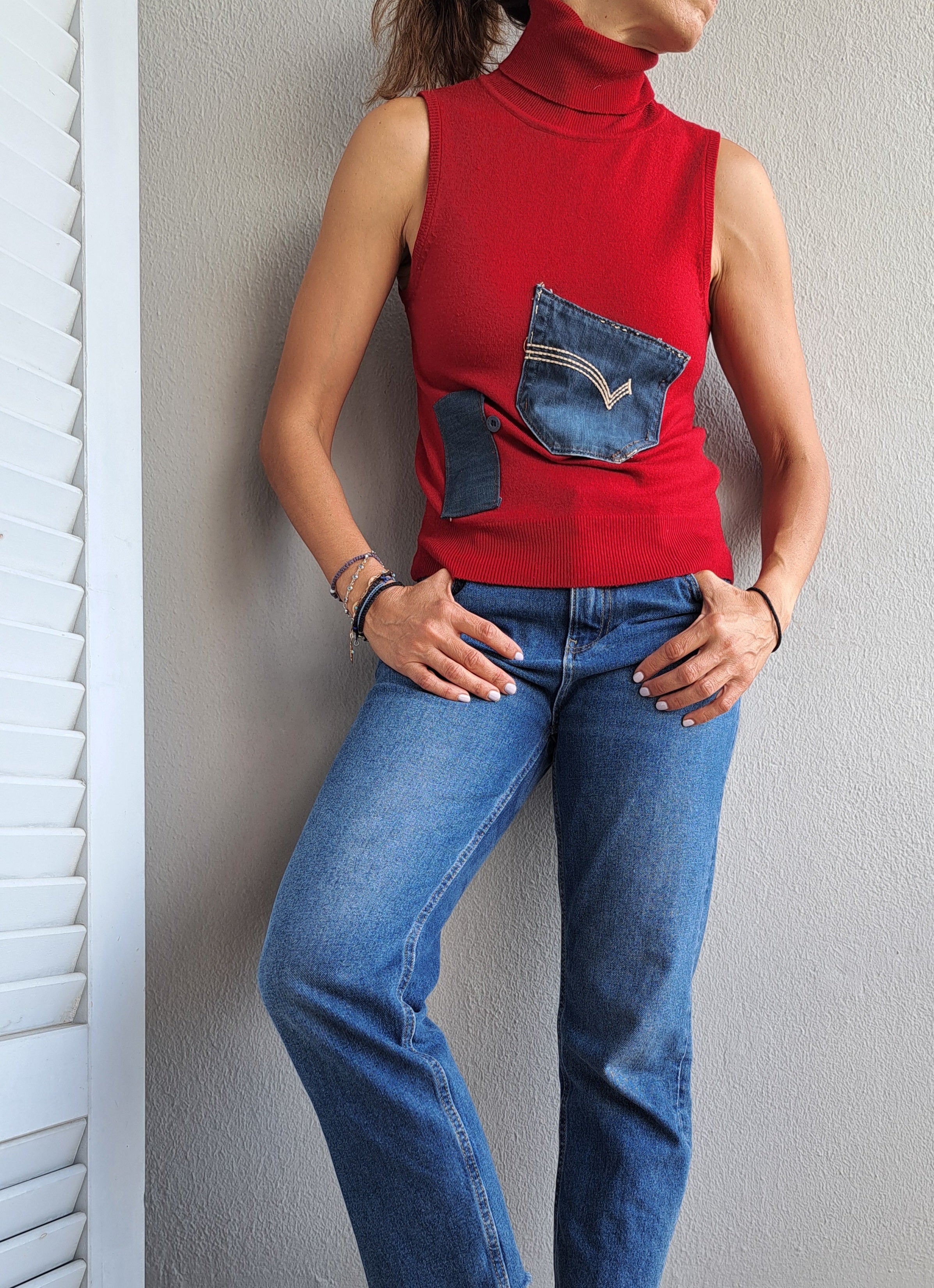 Κόκκινο αμάνικο ζιβάγκο με denim λεπτομέρειες | kallαίσθησις